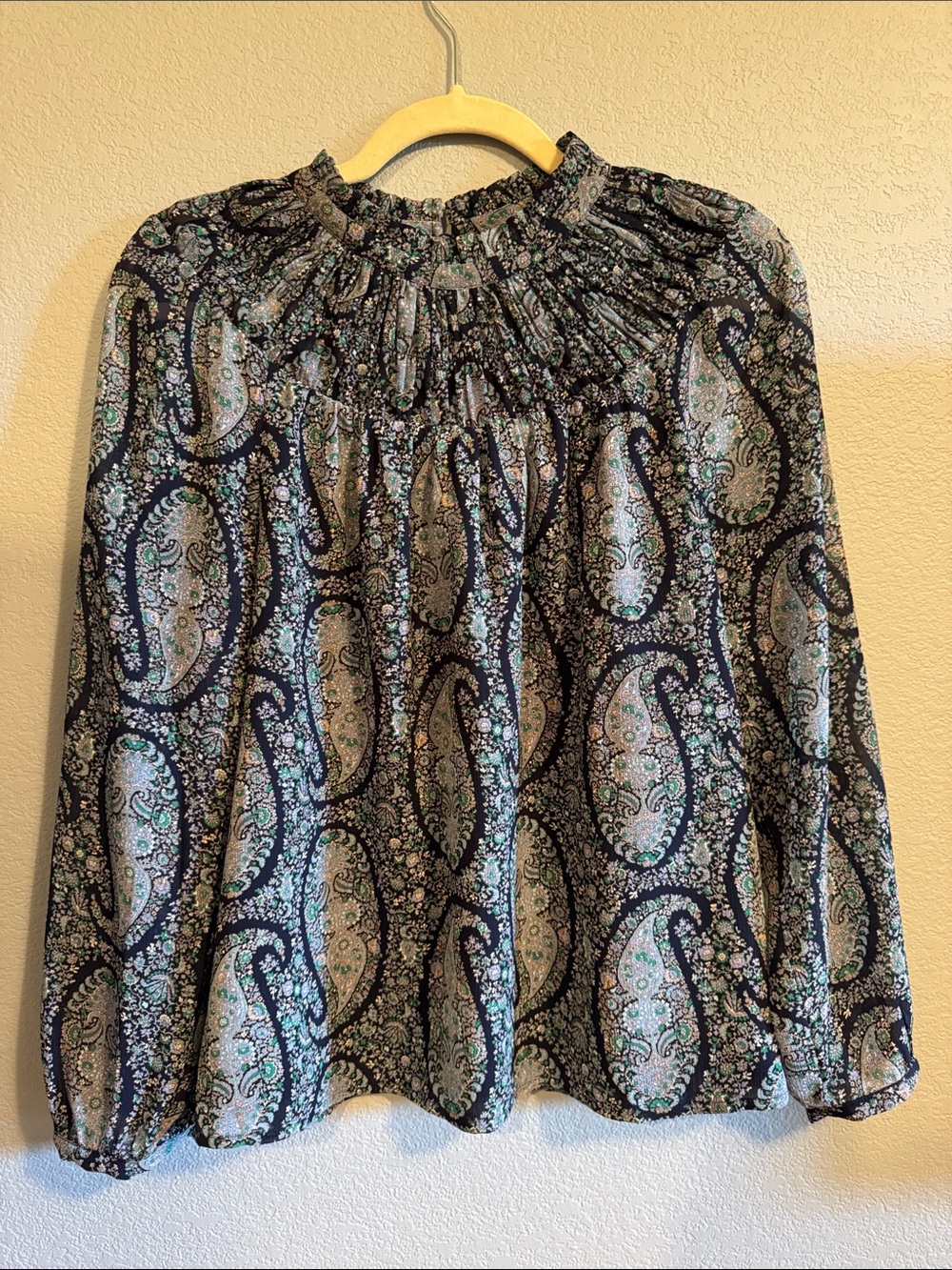 J. Crew Navy Paisley Ruffle Neck Blouse Long Sleeve - Sz S